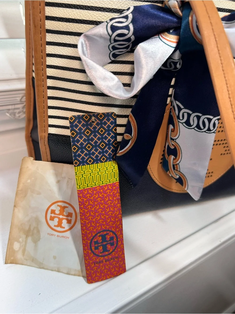 Tory Burch Ella Viva Leather Tote in the distinctive Navy Stripes & Shine design